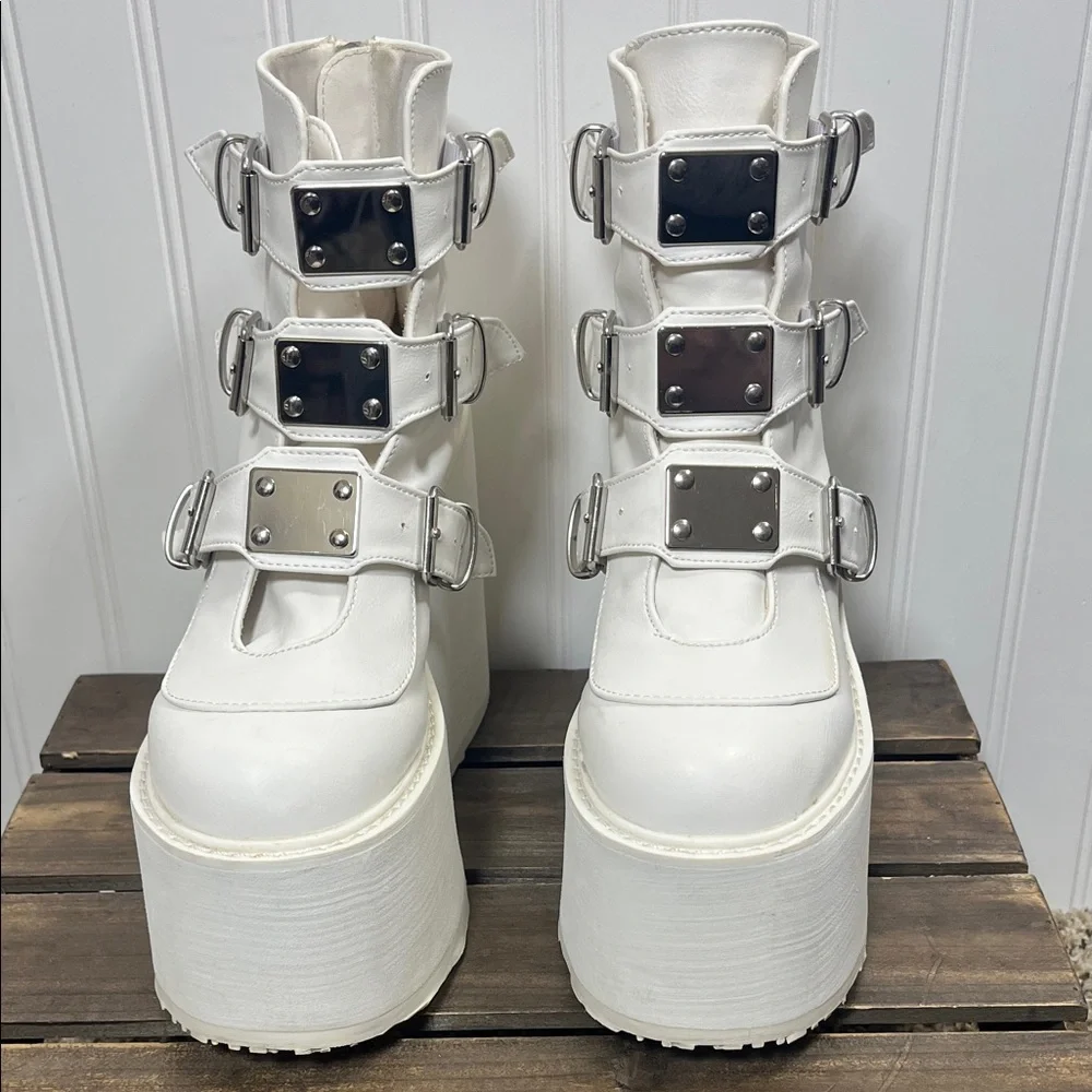 Demonia Swing-105 White Platform Buckle Boots Goth Rave Cosplay Alt Festival